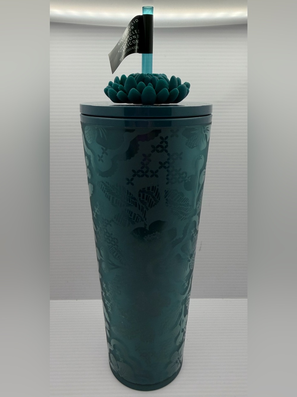 Starbucks Teal Floral Cold Cup Tumbler with Blooming Flower-Topped Straw